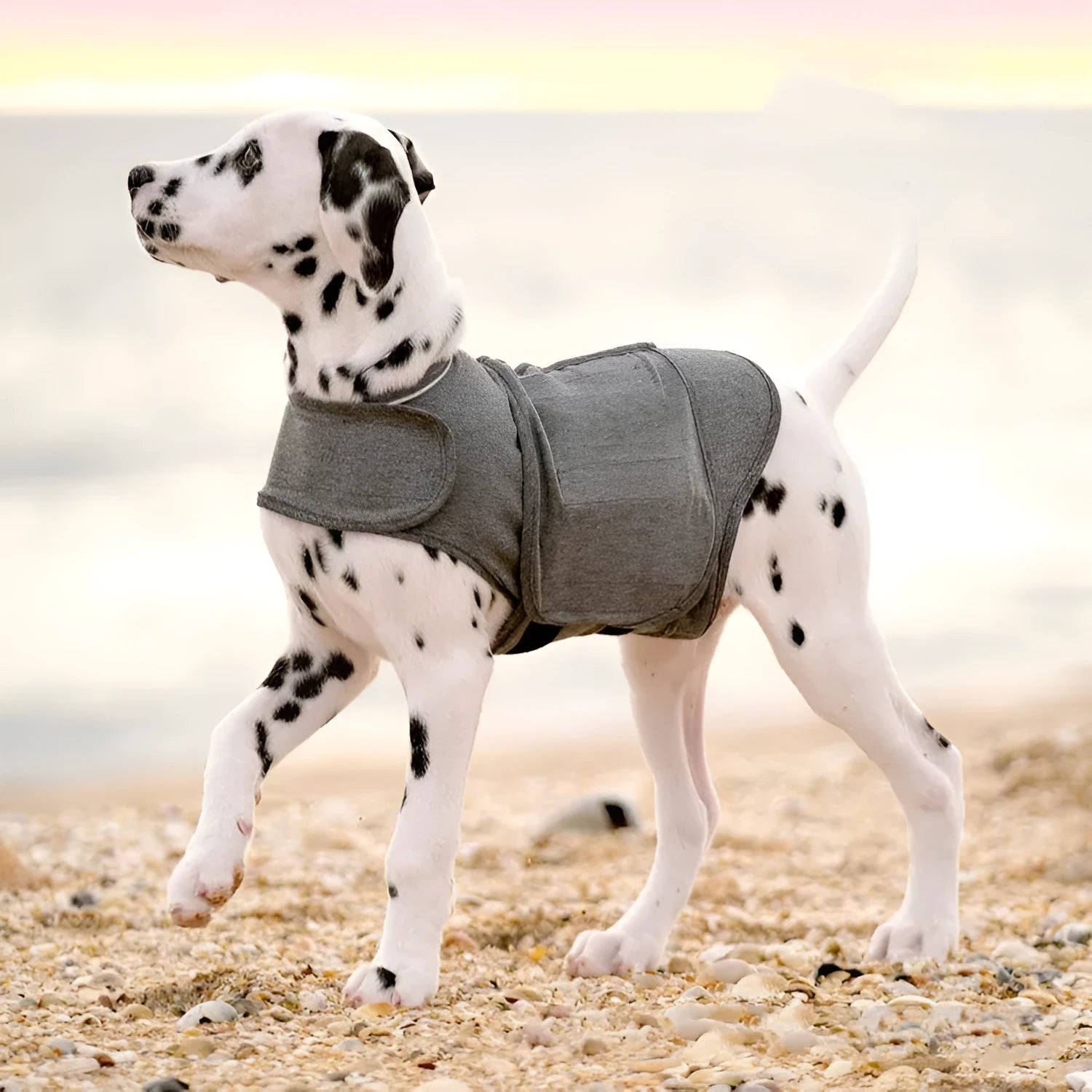 Heather Grey dog anxiety pressure vest and warm jacket in brocade cotton ponte de roma fabric.