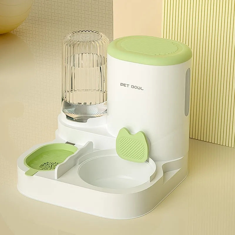 Automatic cat feeding and drinking fountain with stainless steel bowls in compact 27cm design