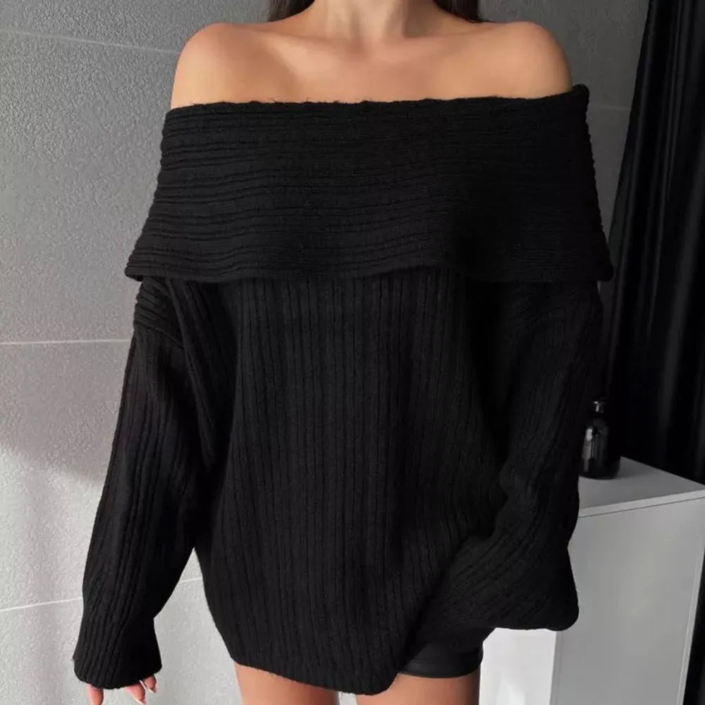 Women's loose off-neck long sleeve pullover sweater in acrylic fabric