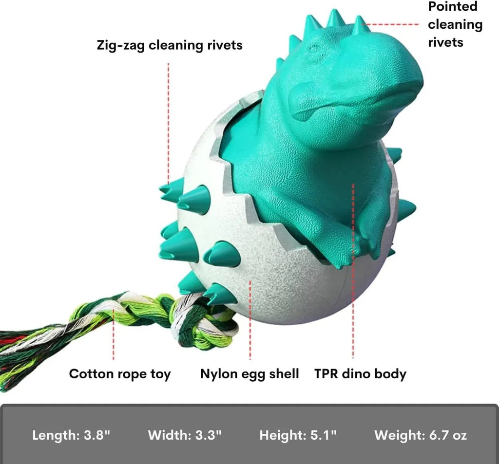 Blue durable rubber dinosaur dog chew toy with integrated rope for aggressive chewers.