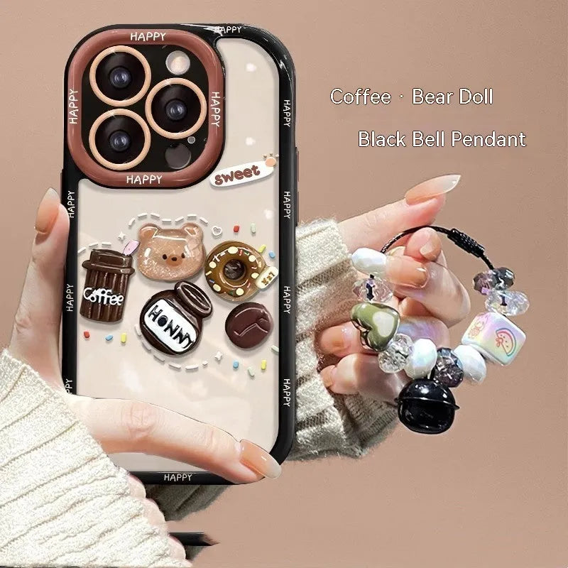 Silicone phone case with coffee bear doll pendant in cream colour for Apple iPhone models