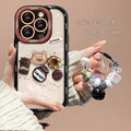 Silicone phone case with coffee bear doll pendant in cream colour for Apple iPhone models