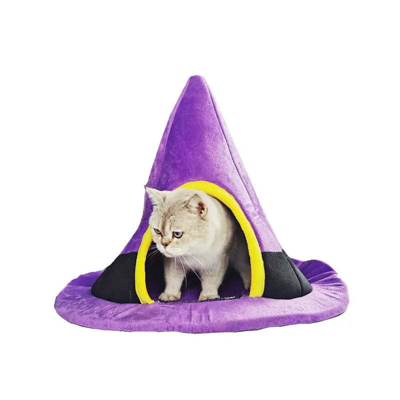 Purple Halloween witch hat shaped cat bed for pets, measuring 60cm by 45cm