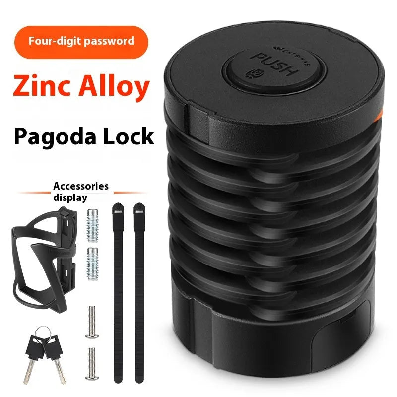 Black bicycle folding lock with password dial mounted on water bottle cage
