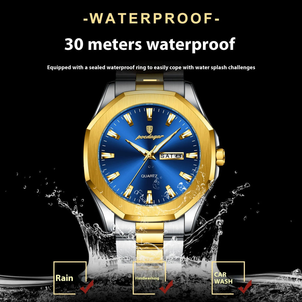 Men's steel strap quartz watch with 9mm case in gold and blue colour combination