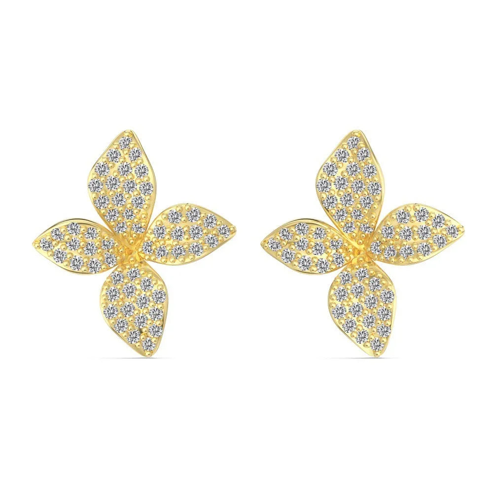 925 silver flower design open ring, necklace, and earring suite with white zircon inlay on a white background