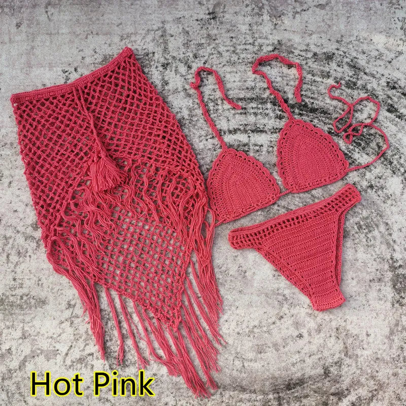 Women's handmade crochet three-piece bikini set with skirt in blue colour
