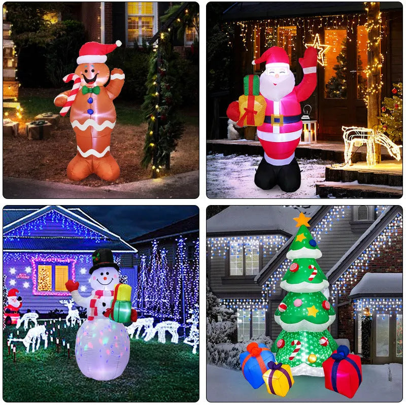 Glowing LED inflatable Christmas decoration showing Santa, tree, or snowman for outdoor garden use