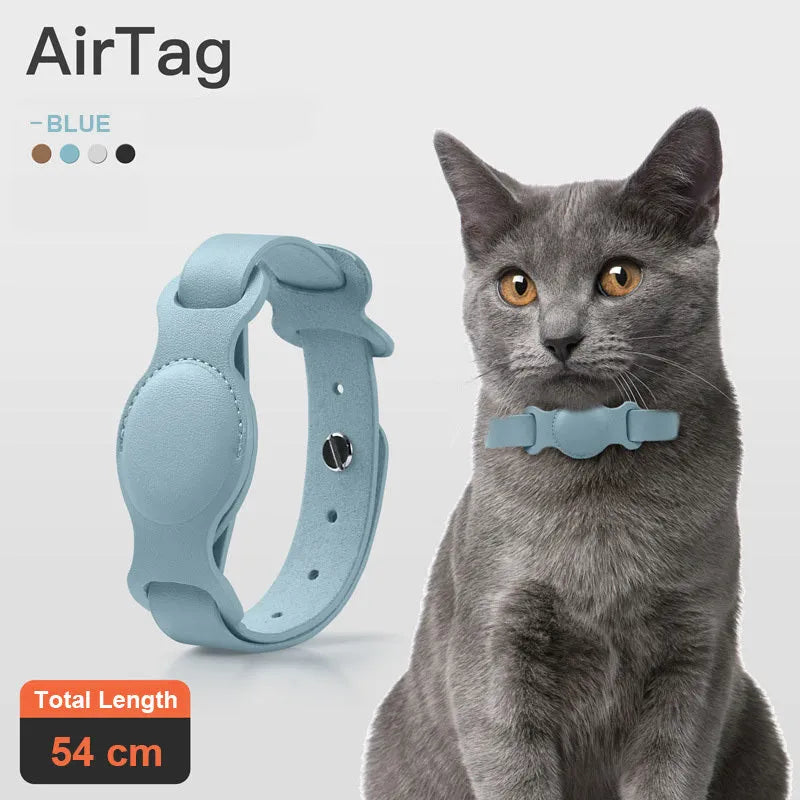 Leather pet collar AirTag holder in misty blue, adjustable 40cm, with silicone lining for anti-scratch protection