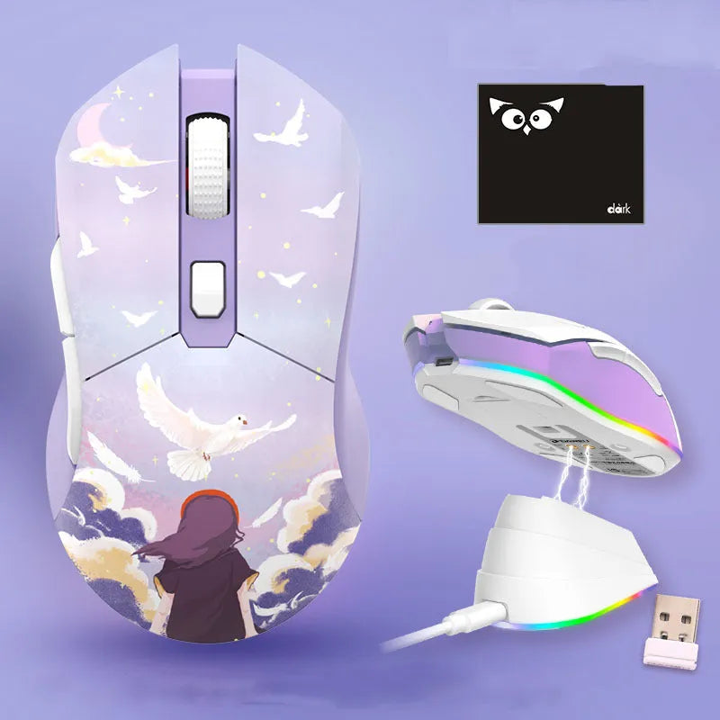 Lightweight wireless wired game mouse with USB connector and mouse pad, available in green
