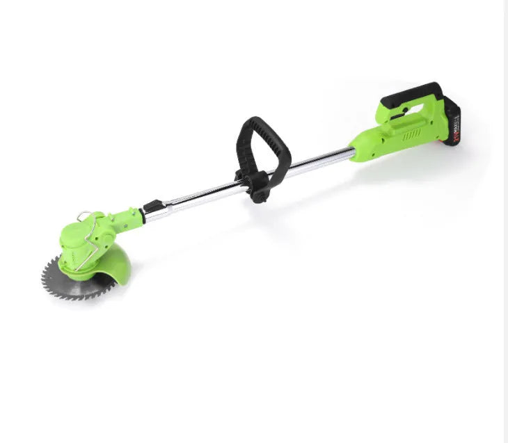 Cordless electric lawn mower with stainless steel telescopic tube and alloy cutter head on grass