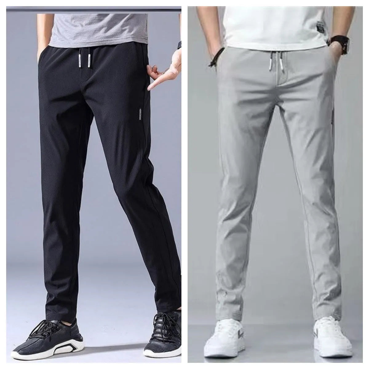 Men's drawstring trousers Korean version loose straight leg sweatpants in khaki colour on model