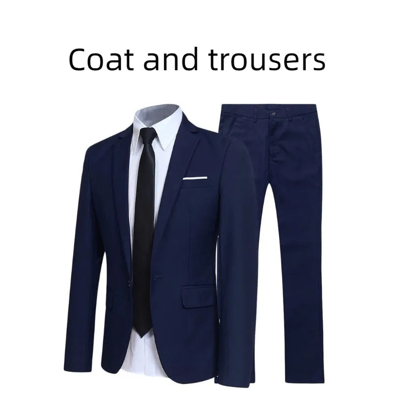 3-piece men's suit set with jacket, trousers, and white shirt in black, polyester fabric, back centre vent, front view