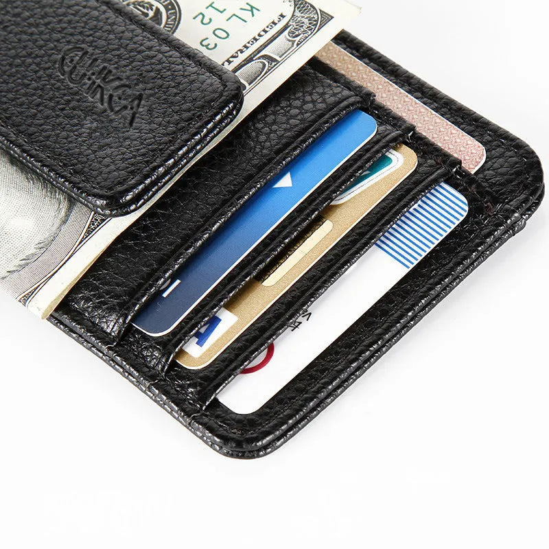 Men's PU leather wallet with magnetic snap closure in black, short square vertical shape with sewing line details