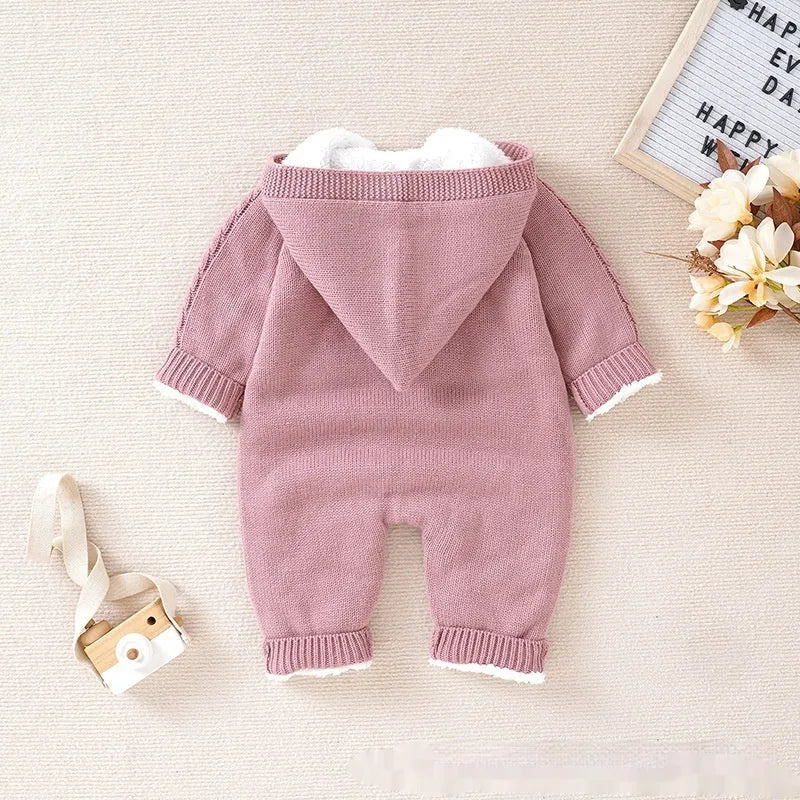 Baby winter thickened knitting jumpsuit romper in long climbing style, pink colour, sized for 62-86cm height