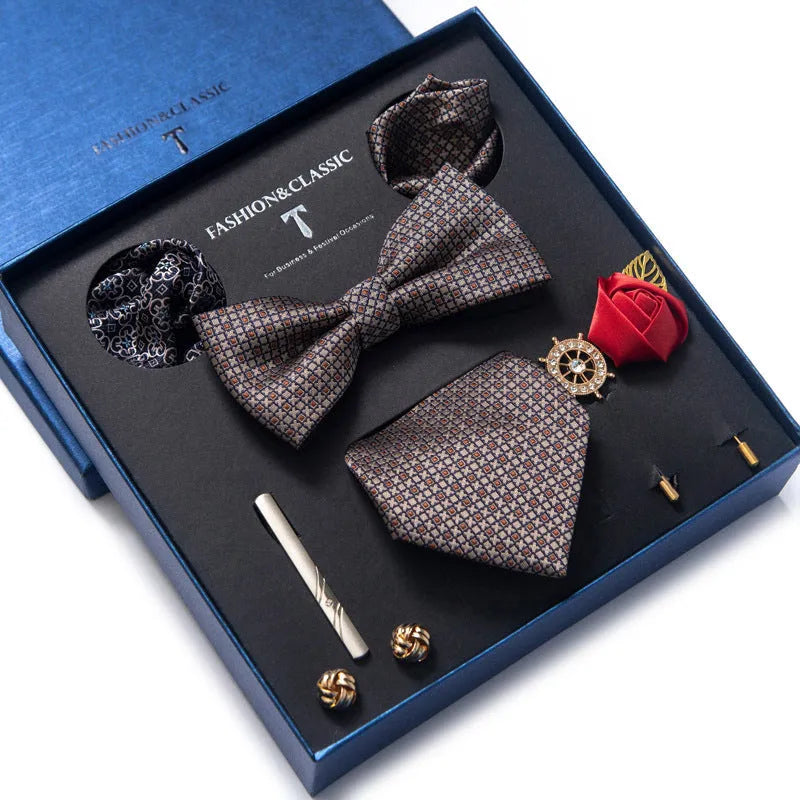 Men's 8-piece rayon jacquard bow tie set, heart shape arrow style, monochrome pattern, 146cm length