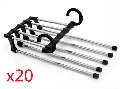 Black stainless steel five-boom trouser hanger showing level and vertical hanging options.