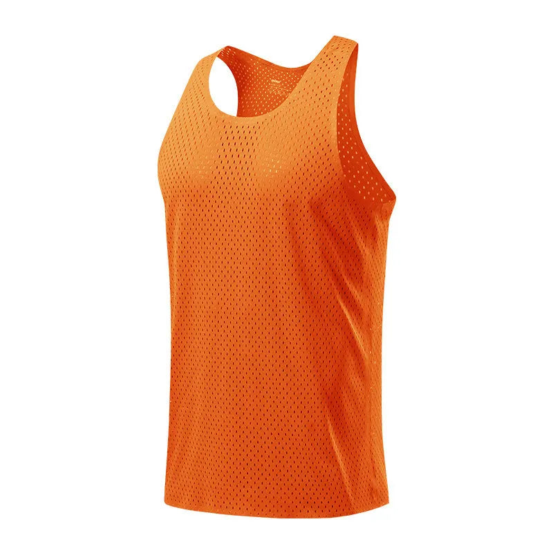 Men's solid colour sleeveless sports vest in polyester fabric on a plain background