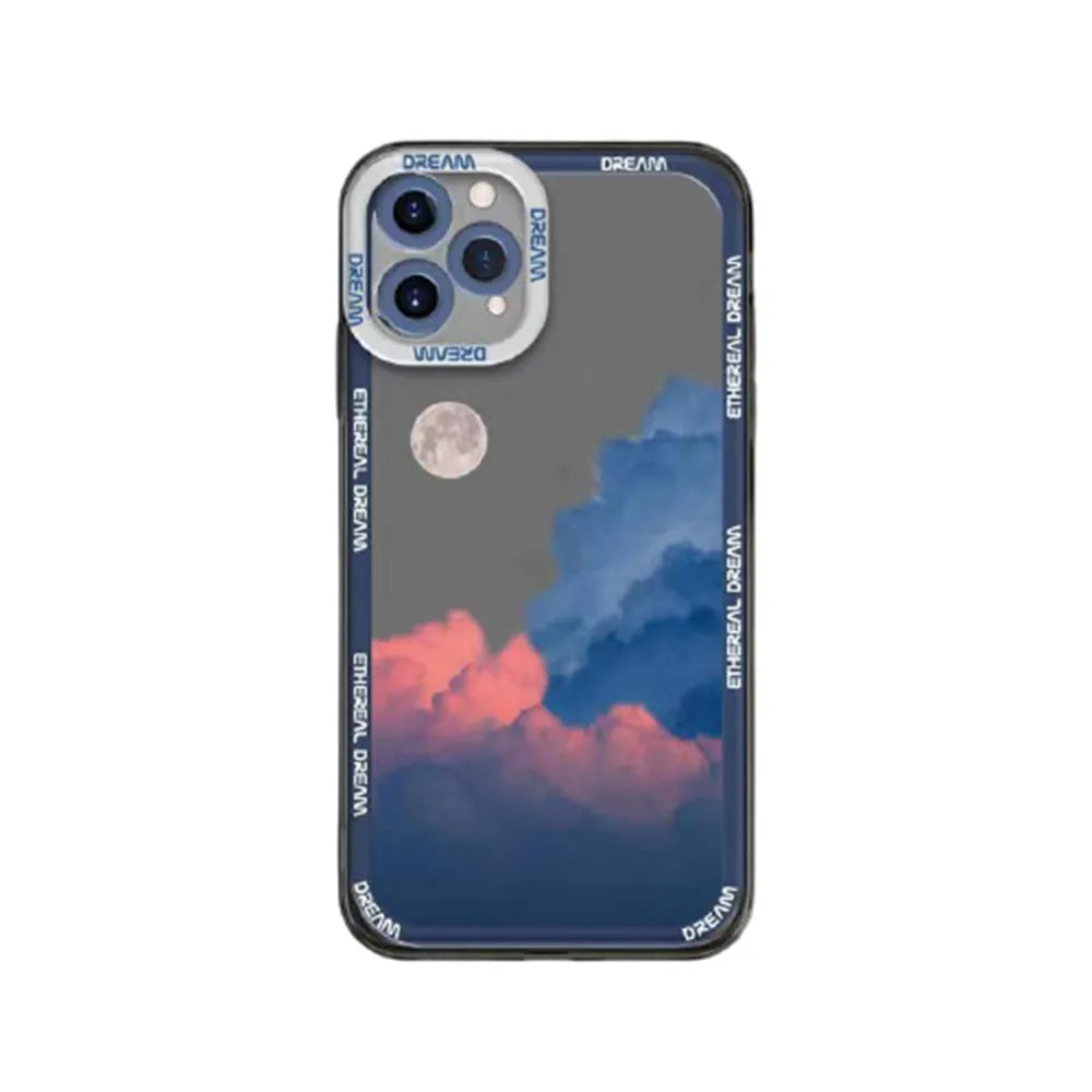 Sunset clouds design TPU phone case for iPhone on a blue background.
