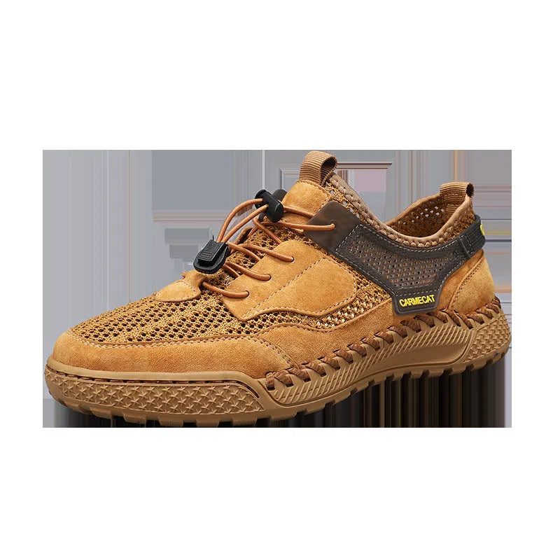 Men's brown suede low-top casual tennis shoes with a visible elastic band and hand-stitched rubber sole.
