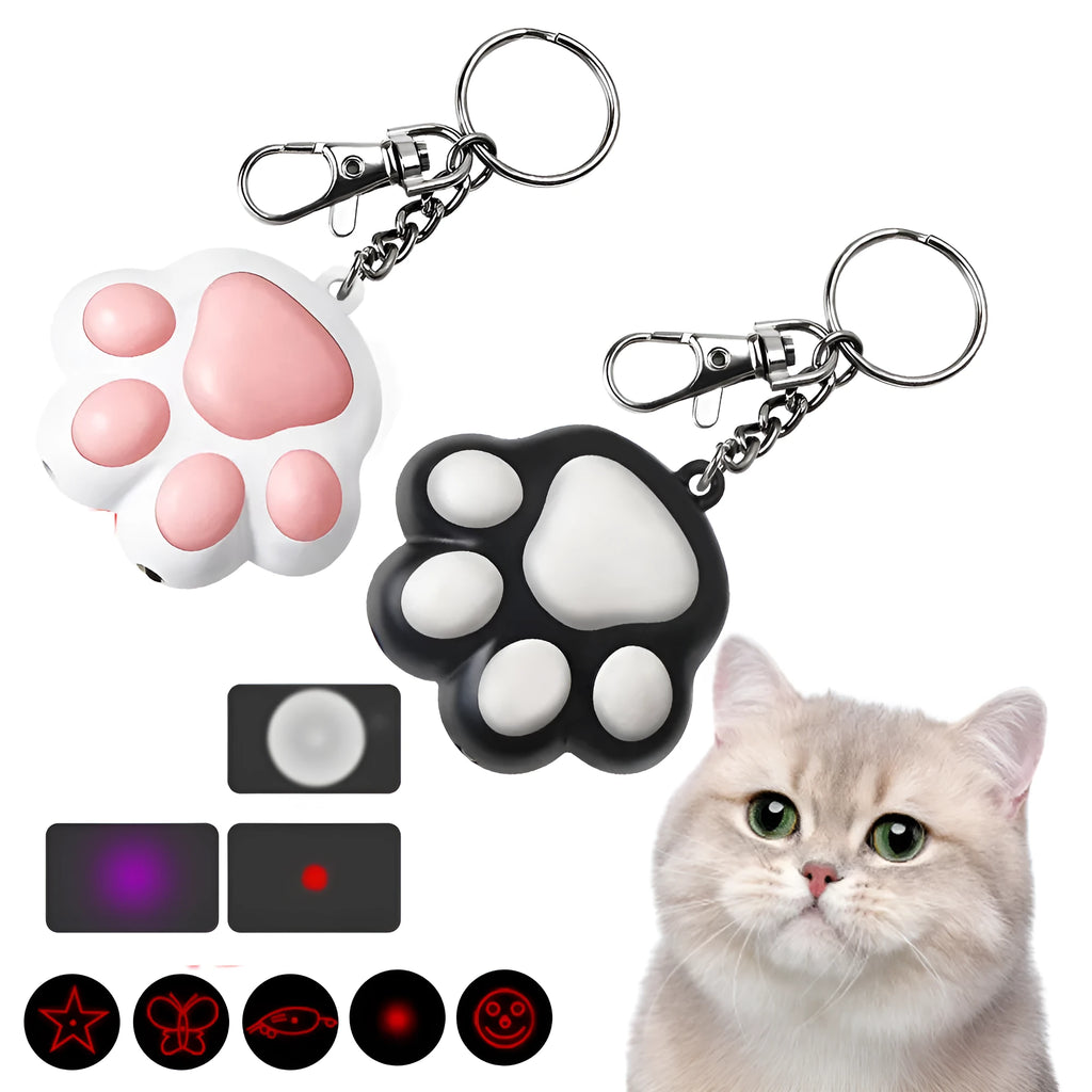 Pink and black USB rechargeable infrared cat teaser toy with keychain measuring 5cm