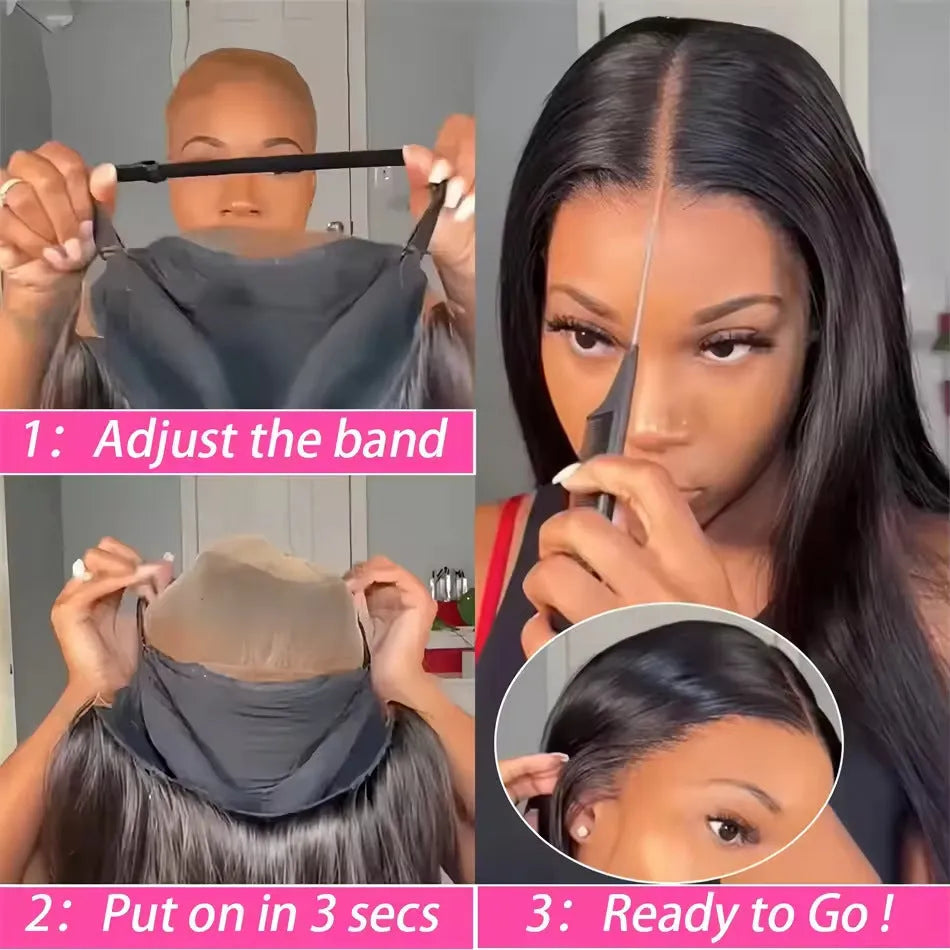 Glueless human hair straight wig with side bangs, shown in long length.