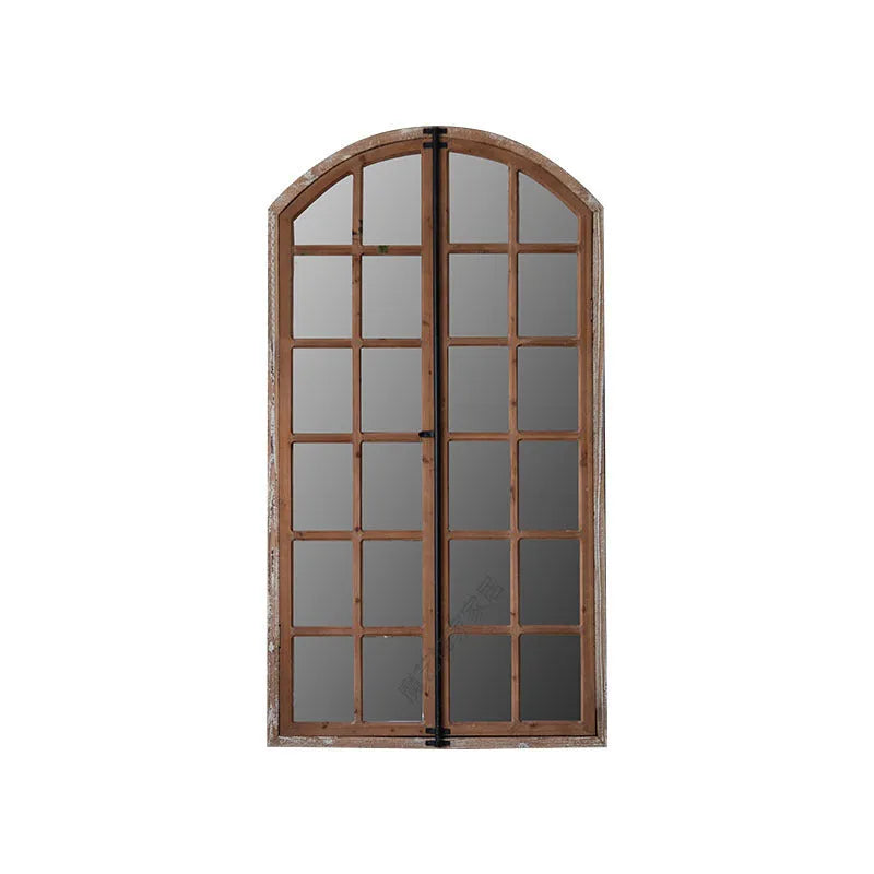 Terrace Distressed fake window wall mirror in log colour with wooden frame
