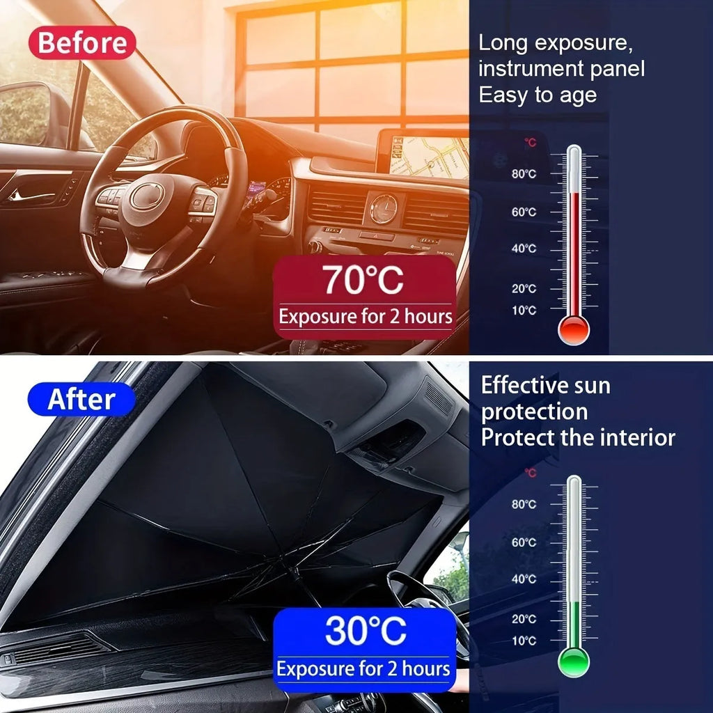 Foldable car windshield sunshade umbrella shown open against vehicle glass
