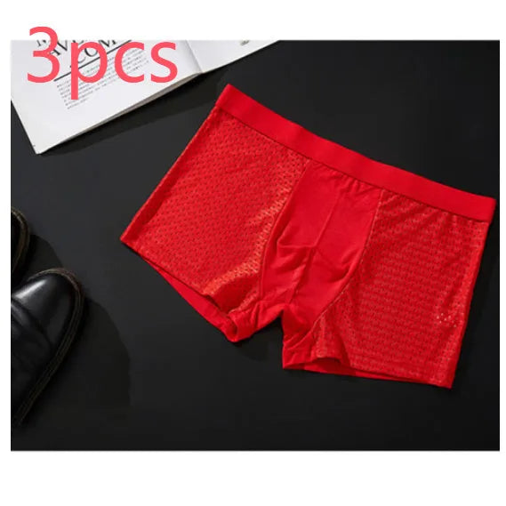 Men's solid colour ice silk modal boxer briefs with U convex design and mid-waist fit.