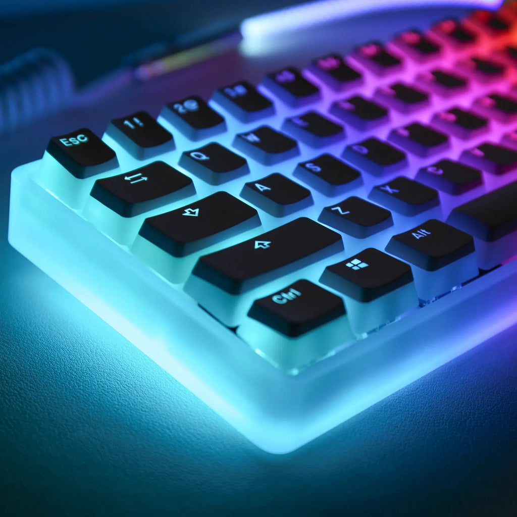 Double Skin Milk Pudding closed PBT transparent keycaps in pink and white for mechanical keyboard with RGB backlight visible