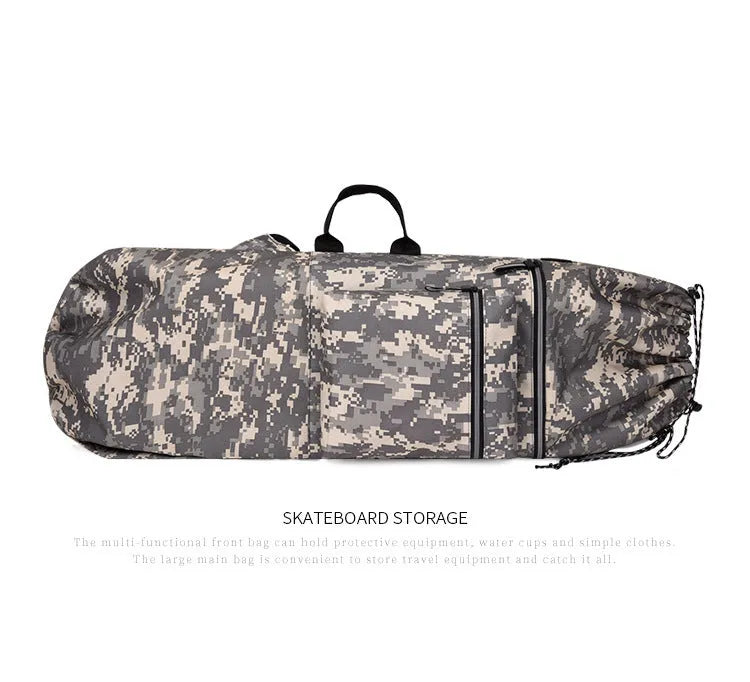 Lightweight waterproof nylon skate backpack in camouflage colour, shown with skateboard and fishing rod.