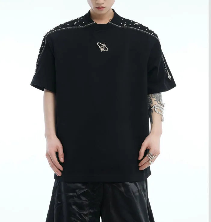 White loose fit short sleeve t-shirt with rhinestone metal zipper patchwork detailing for women