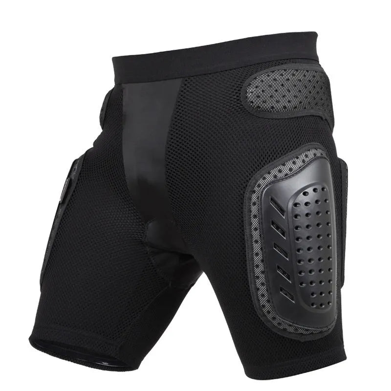 Black cycling protective hip pad pants shown flat, highlighting the integrated hip cushioning area.