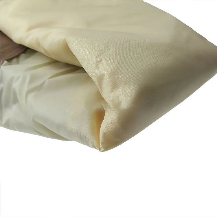 Beige polyester outdoor barbecue dust cover shown folded, with size options listed.