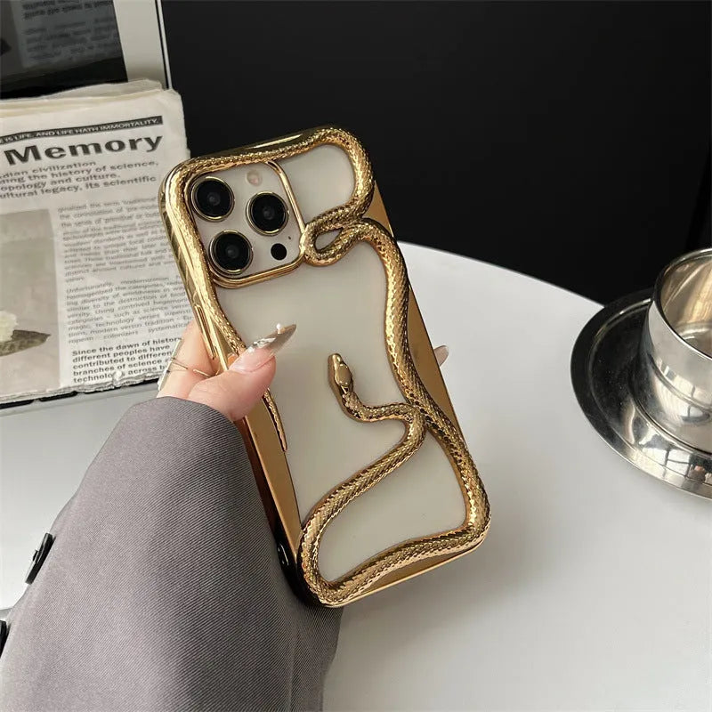 Electroplated glossy hollow snake TPU phone case for iPhone 13-16 series with reflective silver finish