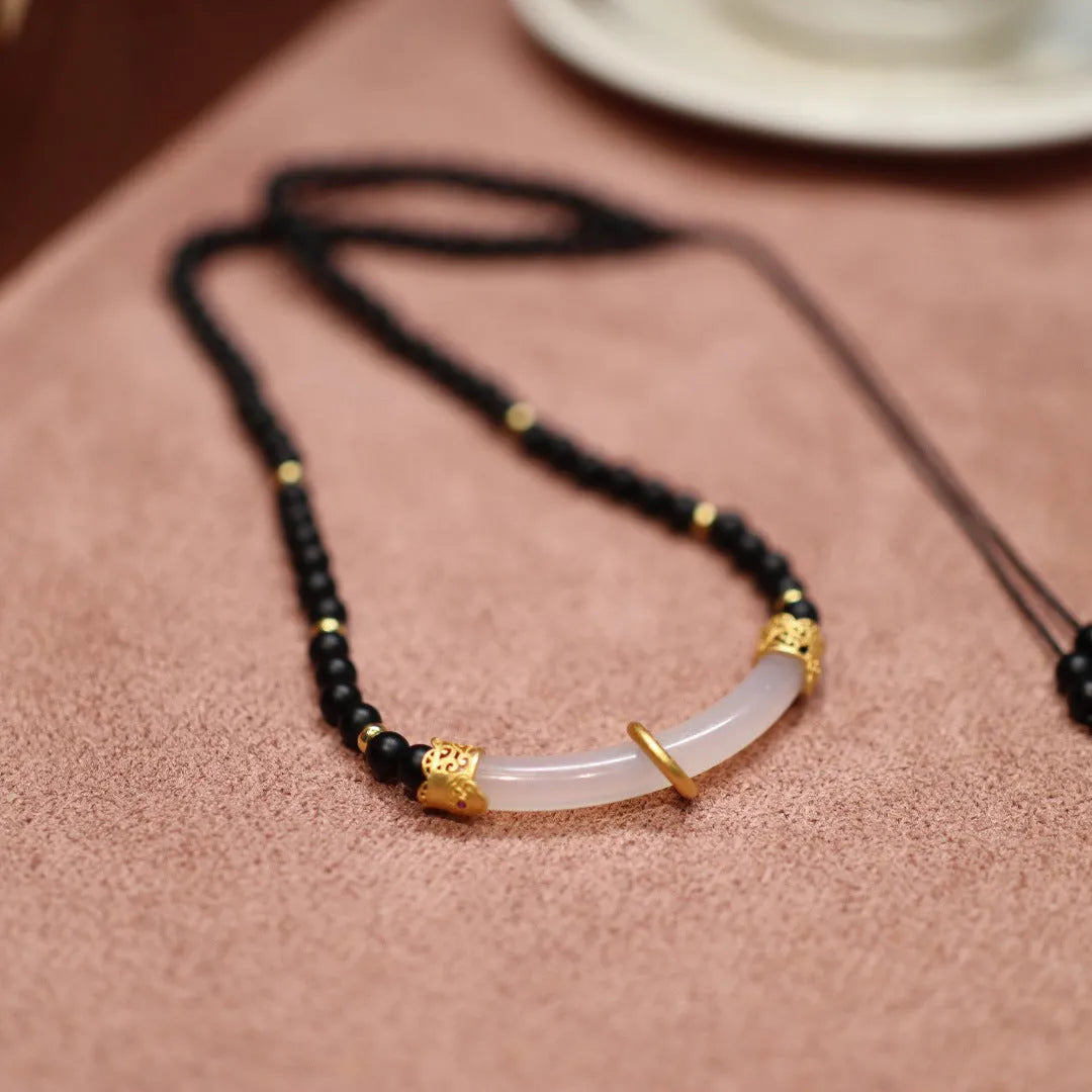Natural frosted black agate white chalcedony necklace with 925 silver pendant