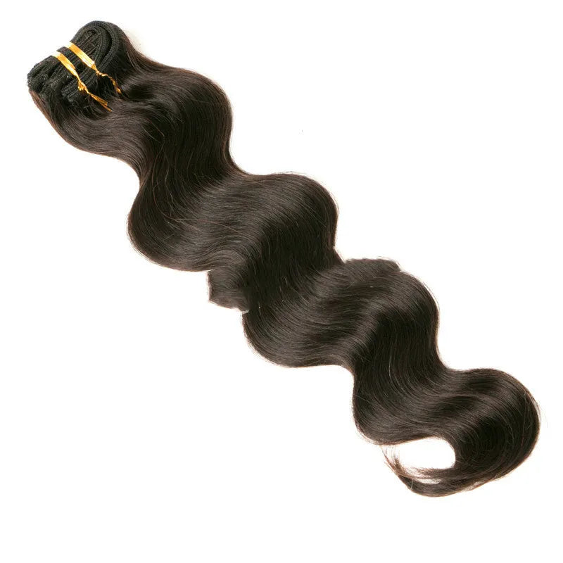 Seven-piece clip-in real hair wig set with lengths from 16 to 24 inches in natural shades