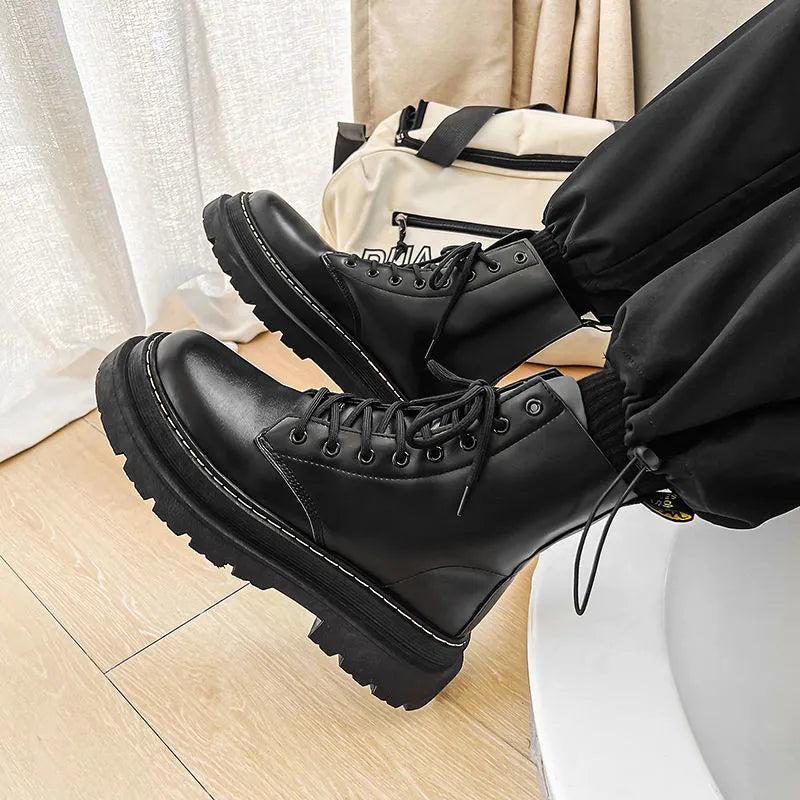 Men's black high-top platform boots with a side zipper, made from frosted cowhide leather.