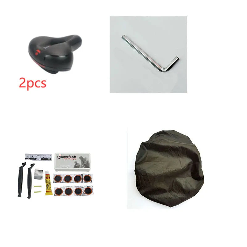 Bicycle saddle cushion with soft silicone padding and waterproof cover, includes wrench and tyre repair kit