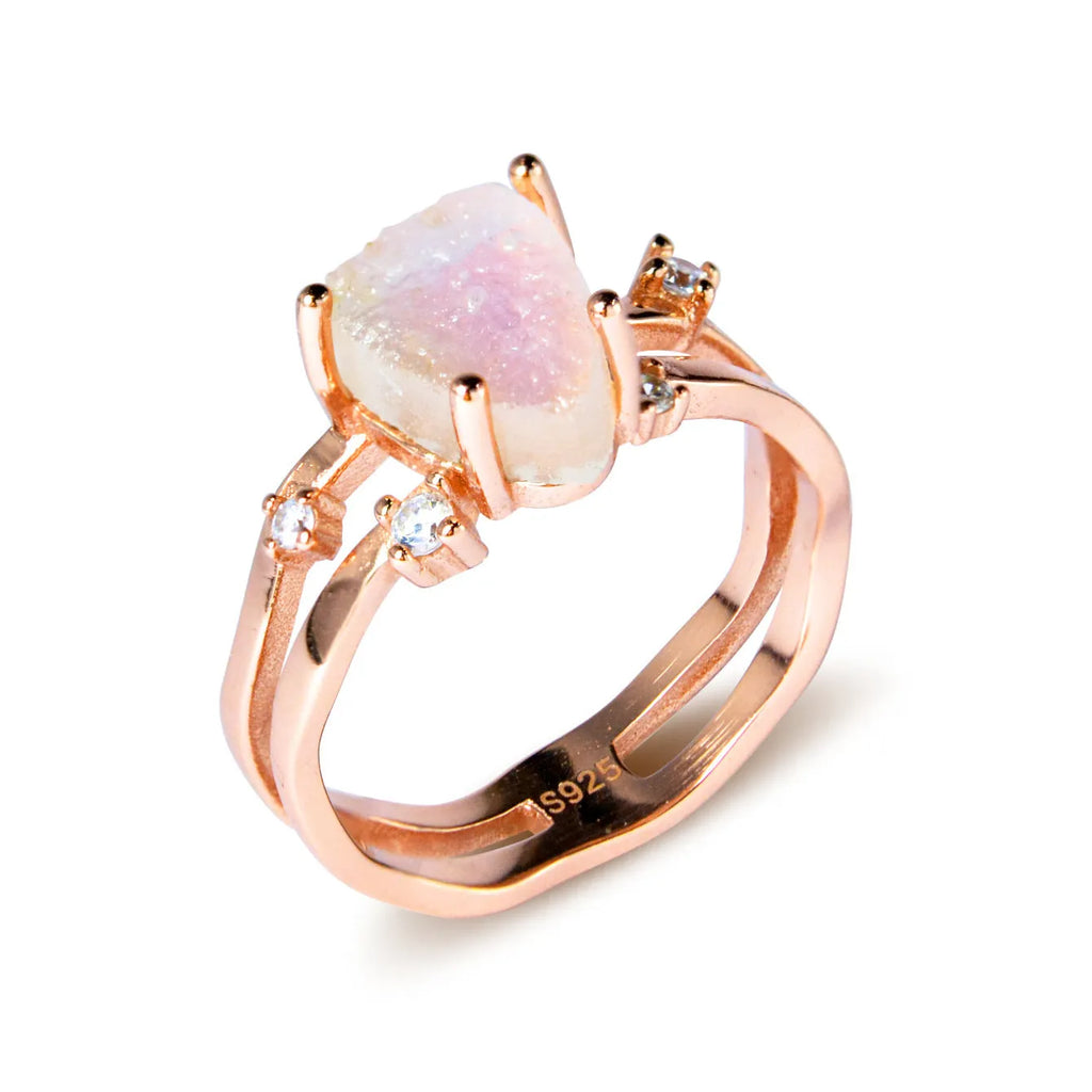 S925 silver irregular triangle moonstone ring in rose gold finish on white background