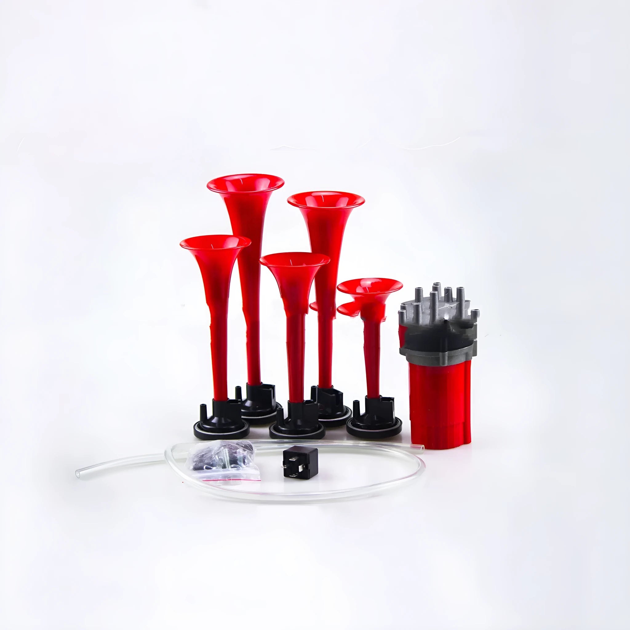 TZ-329 five-tube music electric air horn in red, 12V, with mounting bracket and solenoid valve