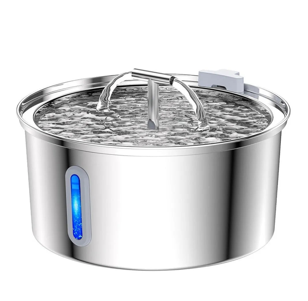 Stainless steel pet water dispenser with large 4-litre tank and selectable water outlet design