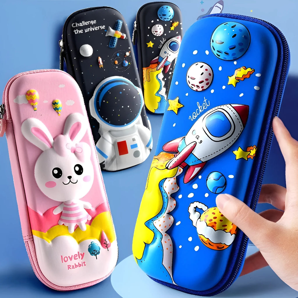 3D leather pencil case with astronaut pattern design showing textured surface and structured box shape