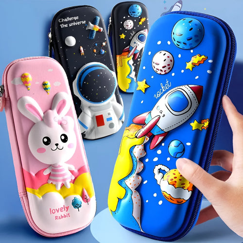 3D leather pencil case with astronaut pattern design showing textured surface and structured box shape