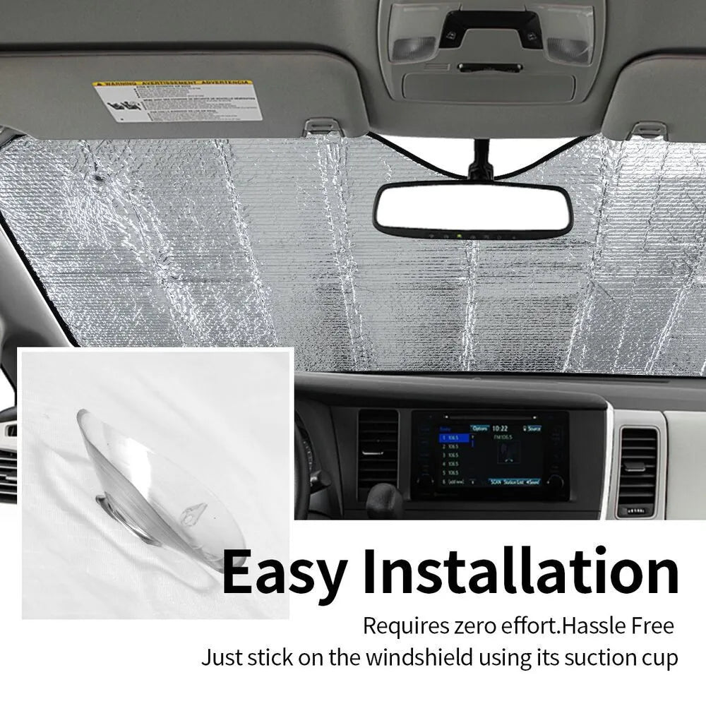 Stiff black heat insulation car windshield sunshade with polyester and bubble aluminium film attached via suction cups