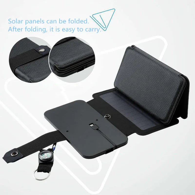 Folding solar panel charger with monocrystalline silicon cells, USB output, and compass buckle in black