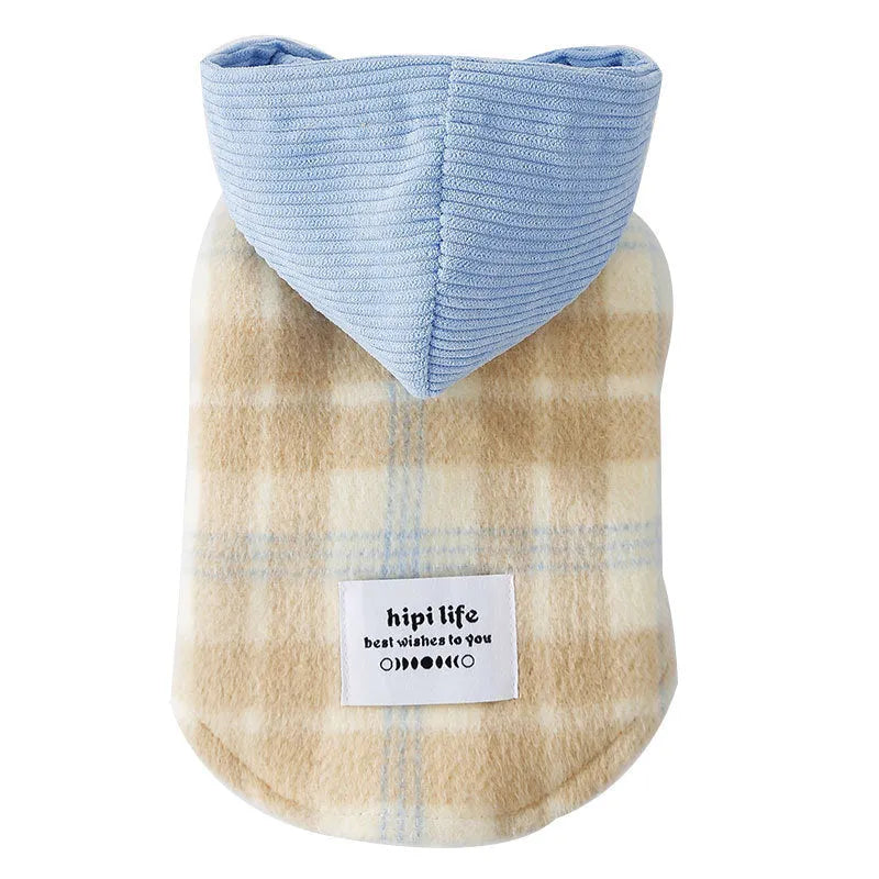 Blue hooded dog vest with chessboard grid pattern in corduroy fabric for autumn winter wear