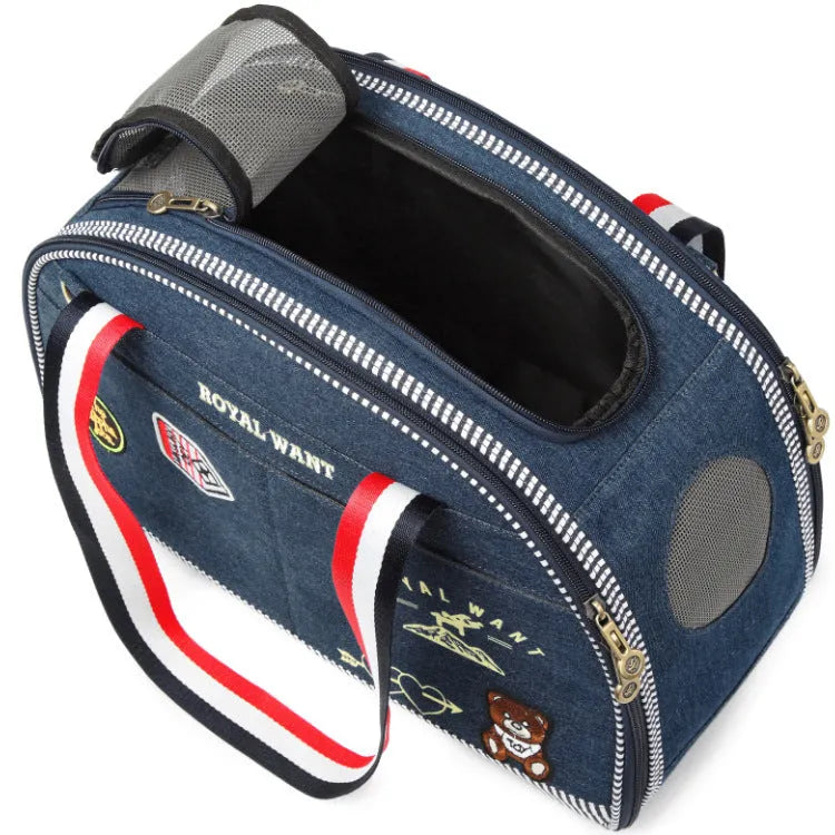 Blue Japanese style denim pet diaper bag with cartoon pattern, 43x20x30cm dimensions