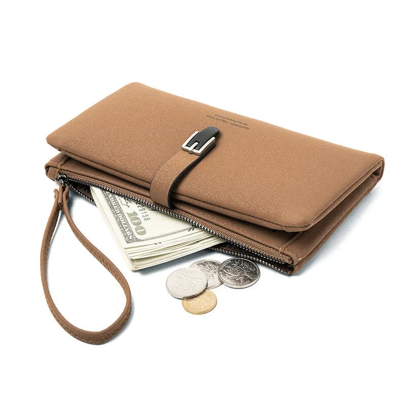 Long female wallet simple clutch in solid colour PU leather with zip closure, apricot