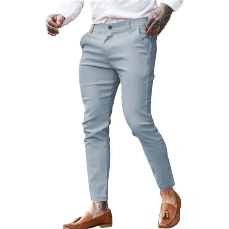 Men's high-stretch cotton-twill slim pencil trousers in solid colour, mid waist with zipper fly
